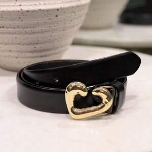 J.Crew Black Leather Belt with Gold Heart Buckle RARE